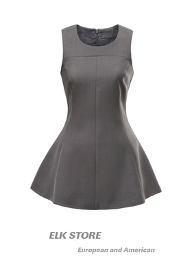 法式肌理感蓝色无袖背心连衣裙女夏季气质修身蓬蓬短裙显瘦a字裙