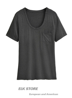 条件宽松灰色u领短袖t恤女设计感口袋舒适百搭纯欲休闲显瘦上衣