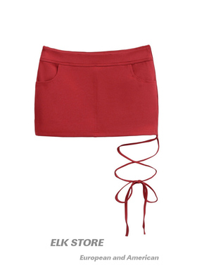 涩谷辣妹红色包臀短裙性感绑带包臀低腰半身裙修身显瘦防走光裙子