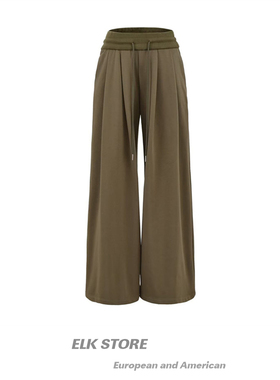 军绿色复古低腰运动裤女秋季长裤抽绳显瘦垂感慵懒风休闲阔腿裤子