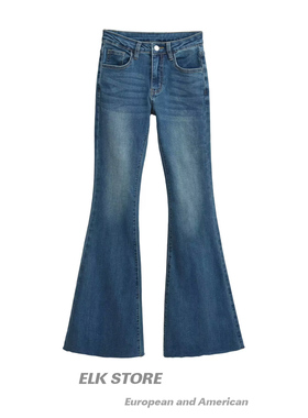 辣妹街头大喇叭毛边牛仔裤女低腰水洗微喇裤春秋水洗蓝色休闲长裤