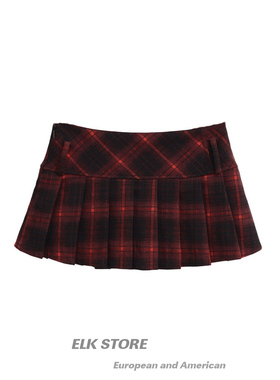 美式复古辣妹红色格子短裙百褶裙夏季新款jk学院风a字半裙靴裙女