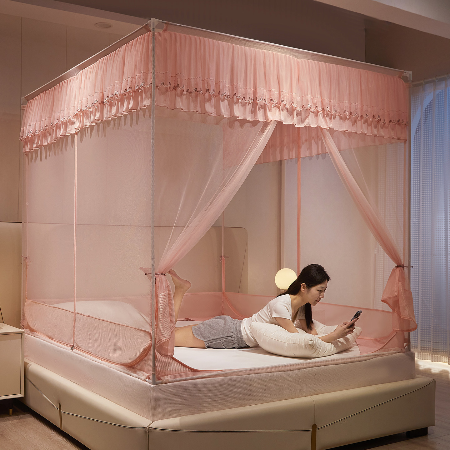 防摔蚊帐家用卧室婴儿童防掉床蒙古包免安装回底帐子1.8m