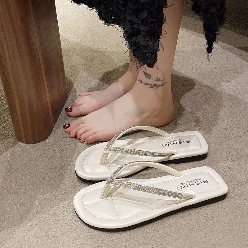 女款平底人字拖女凉鞋简约字母夹脚拖鞋水钻圆头夹脚平底