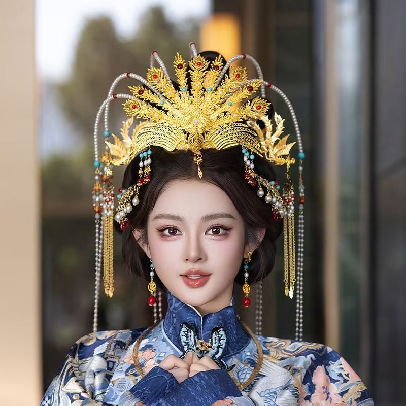 一饰新娘奢华孔雀凤凰凤冠新娘套装头饰复古流苏步摇古装婚嫁配饰