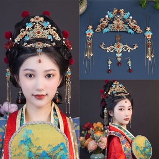 汉服头饰发冠顶簪钗子古典烧蓝发钗古风发饰套装唐风秀禾凤冠