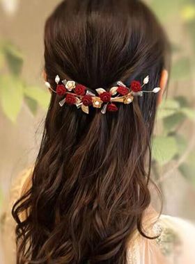 中式新娘发饰玫瑰花发夹敬酒服红色礼服婚宴头饰长发盘发后脑边夹