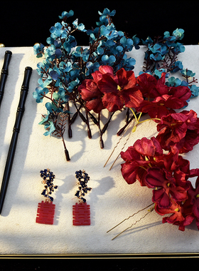 一饰新娘中式新娘头饰红色仿真花发簪古风汉服配饰结婚秀禾发饰