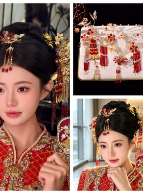 新中式秀禾新娘红琉璃发簪套装