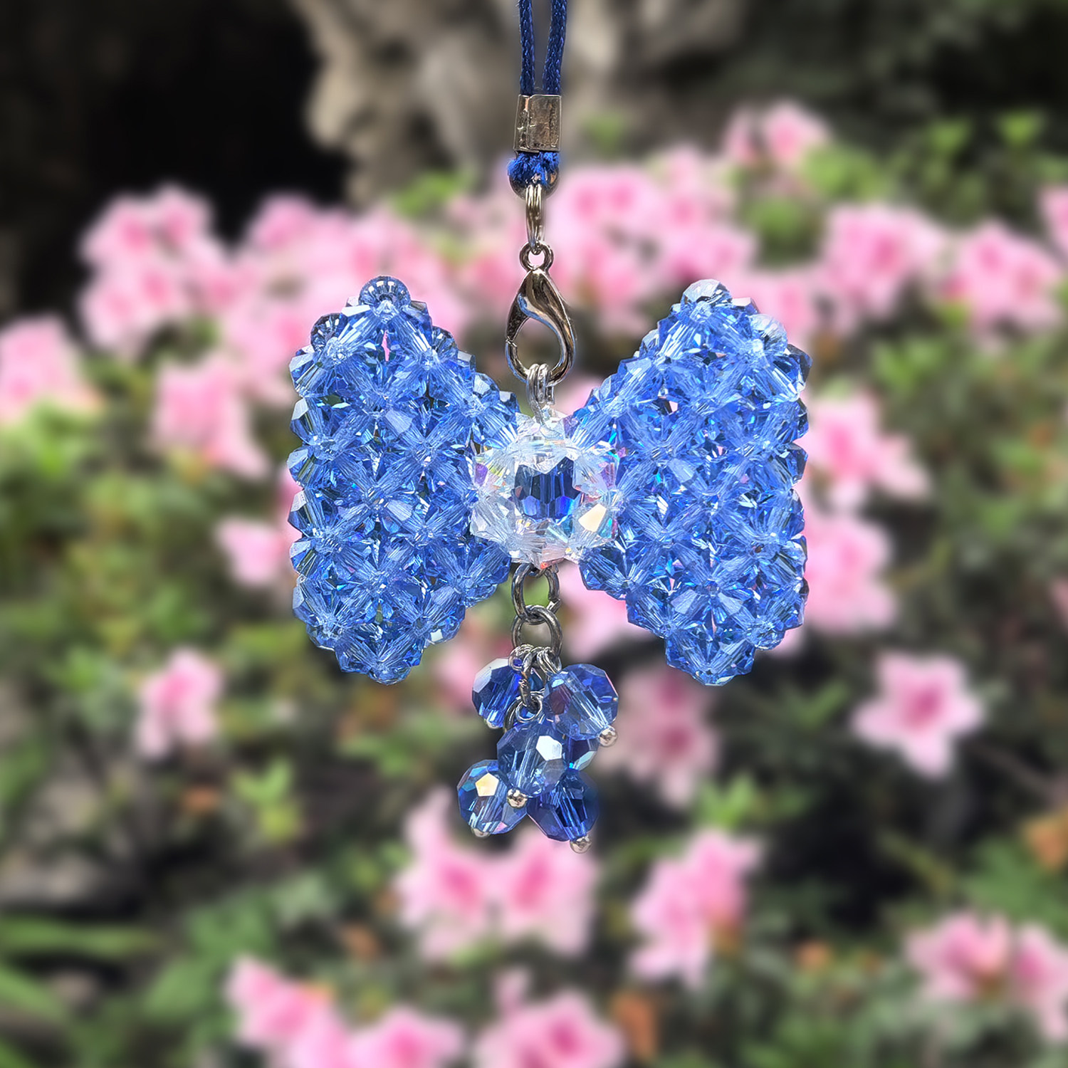 手工串珠蝴蝶结挂件 蓝色水晶编织菱形珠子手机绳 送闺蜜创意礼品