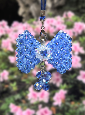 手工串珠蝴蝶结挂件 蓝色水晶编织菱形珠子手机绳 送闺蜜创意礼品