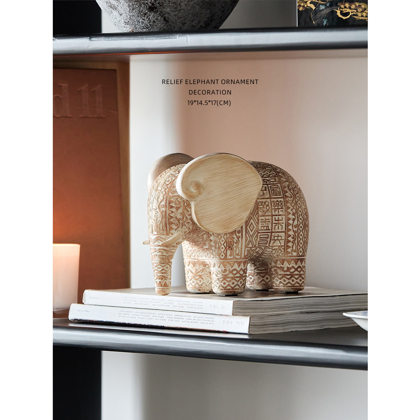 迷屿侘寂风复古浮雕大象开运摆件工艺品新中式客厅玄关办公室装饰