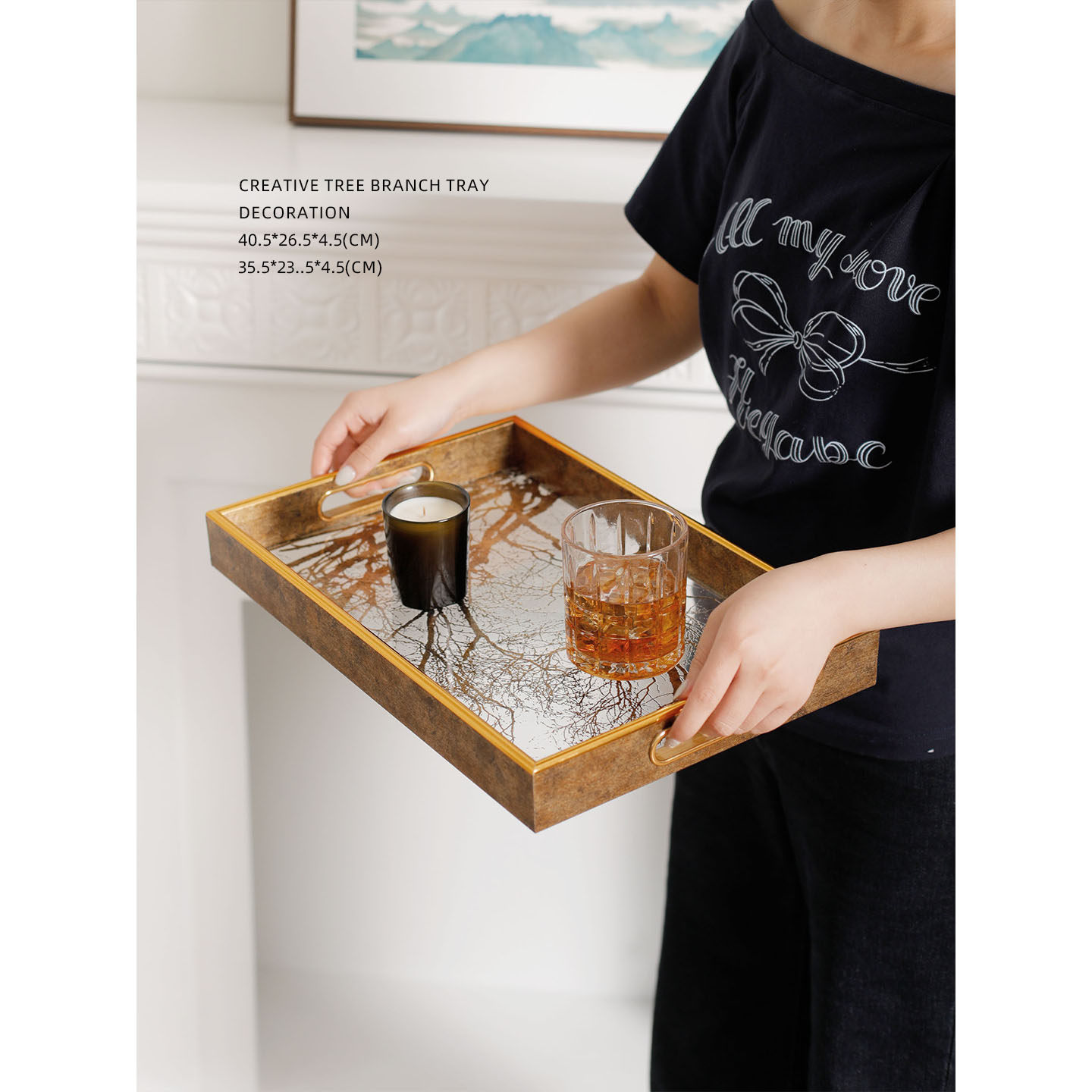 迷屿现代家居轻奢金色树枝托盘长方形客厅桌面精致茶盘高档收纳盘,家居饰品,装饰摆件,淘宝优惠券,粉丝福利购,淘宝优惠卷