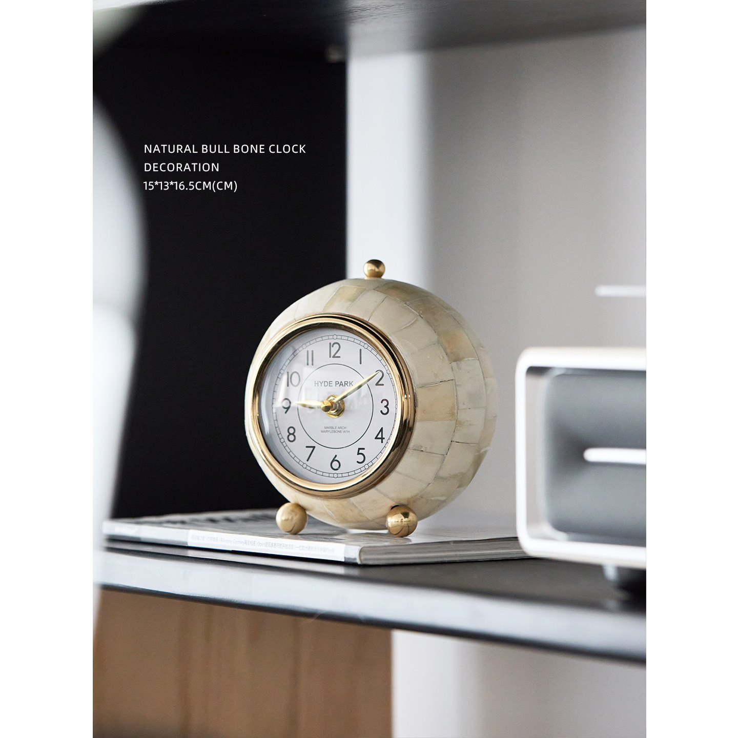 迷屿家居书房装饰客厅玄关摆件进口印度手工天然牛骨拼贴球形座钟