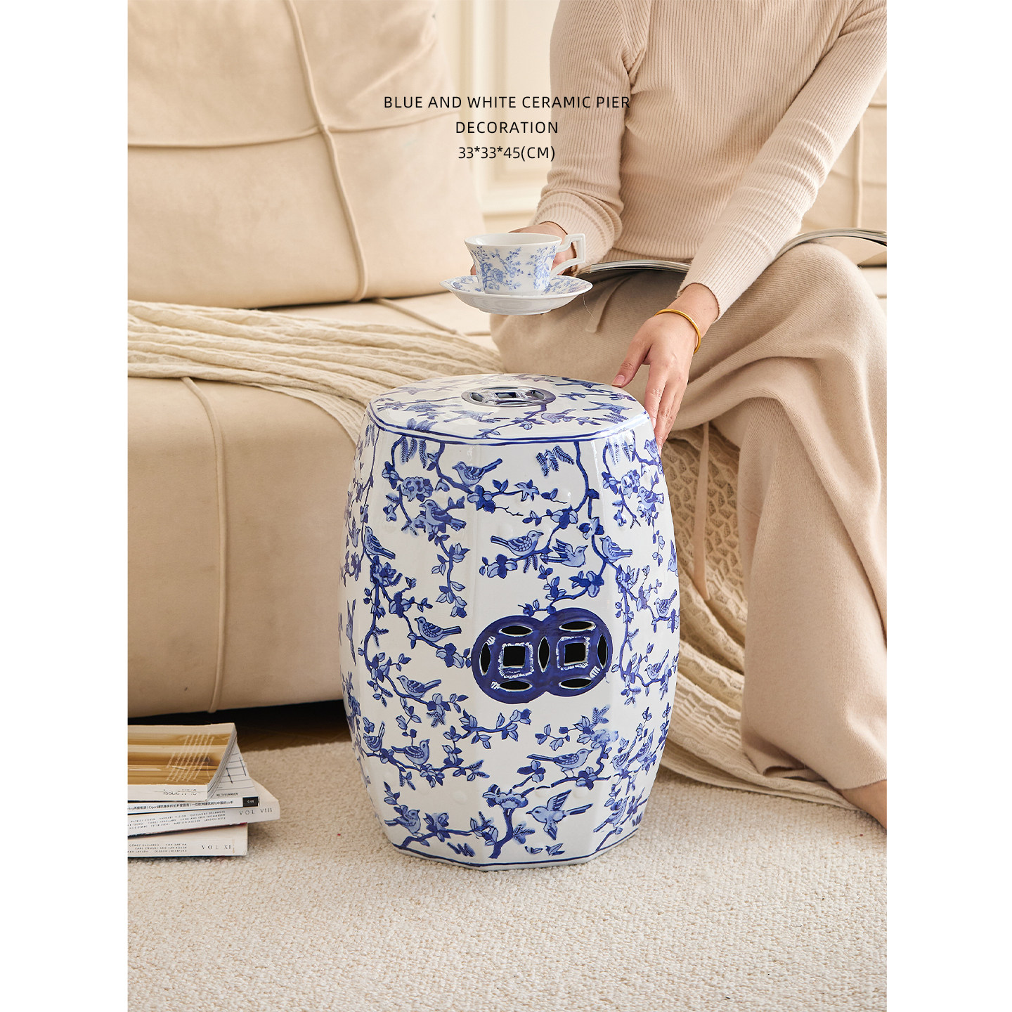 迷屿 新中式陶瓷鼓凳青花瓷八角凳摆件客厅沙发边几换鞋凳花架,住宅家具,鼓墩/绣墩,淘宝优惠券,粉丝福利购,淘宝优惠卷
