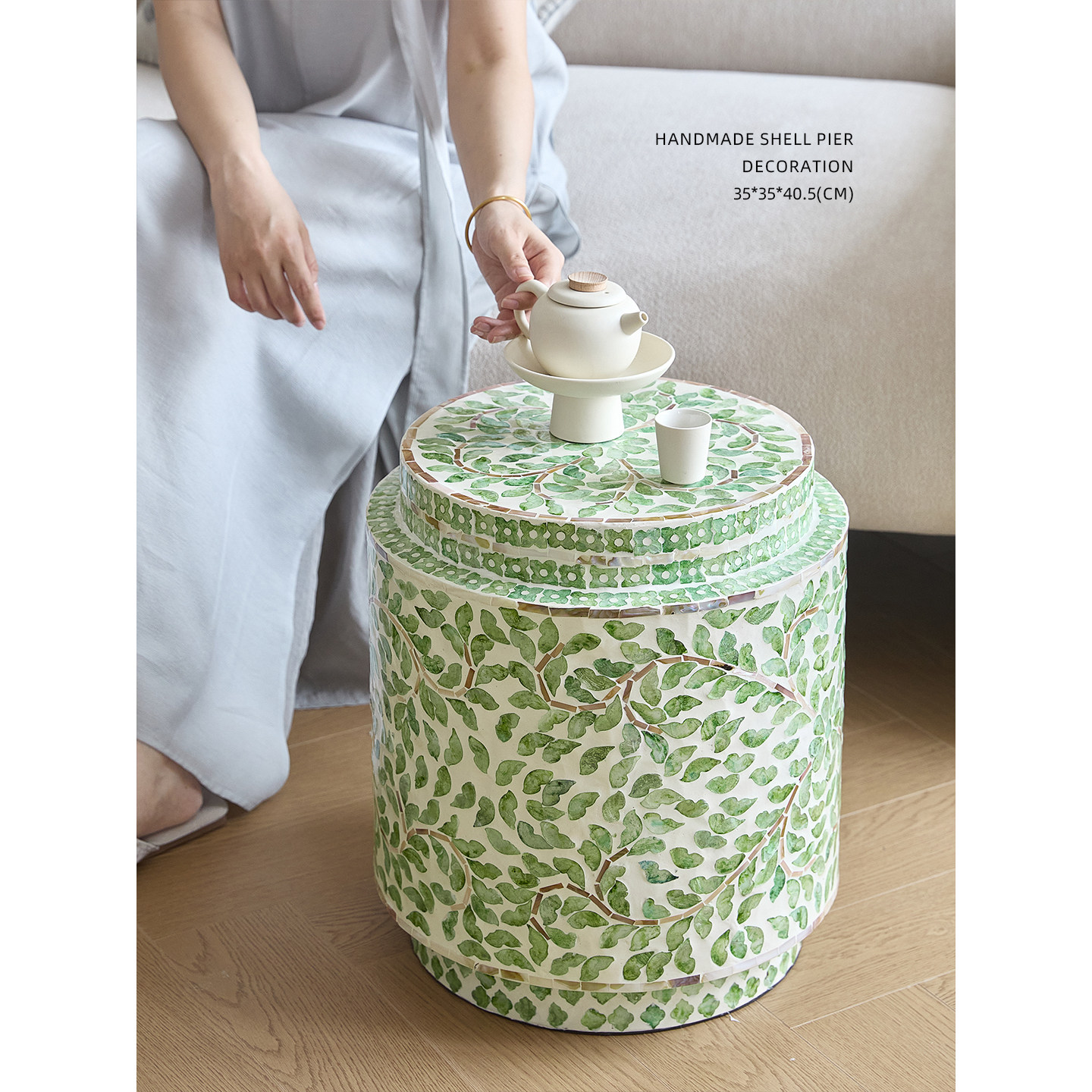 迷屿家居 舶来品贝母镶嵌边几鼓凳南洋风春绿靛蓝青花多用换鞋凳,住宅家具,角几/边几,淘宝优惠券,粉丝福利购,淘宝优惠卷