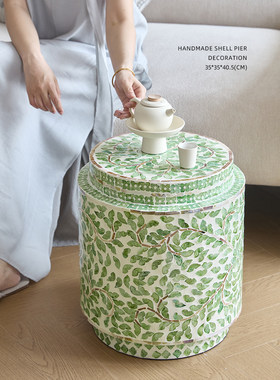 迷屿家居 舶来品贝母镶嵌边几鼓凳南洋风春绿靛蓝青花多用换鞋凳