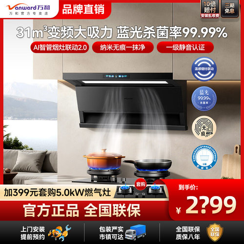 万和31m³油烟机侧双吸AI烟灶联动变频蓝光杀菌纳米无痕静音V10