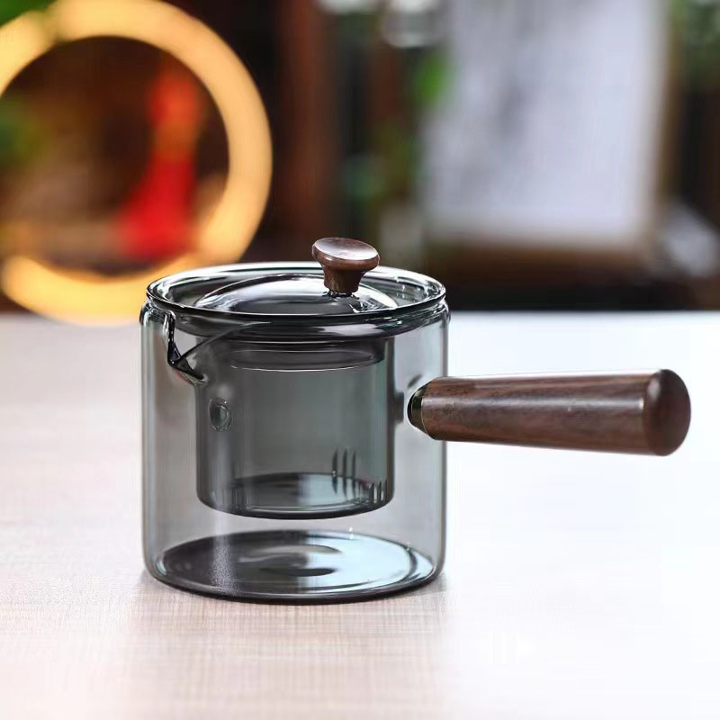 家用木把耐高温玻璃侧把壶烟灰色