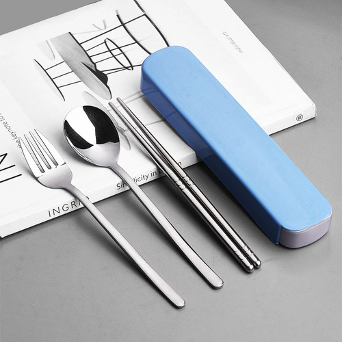 不锈钢便携式餐具套装单人装筷子三件套叉子勺子筷子盒学生收纳盒
