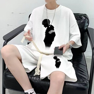 男士夏天套装美式潮流短袖T恤短裤两件套华夫格休闲大码一套搭配