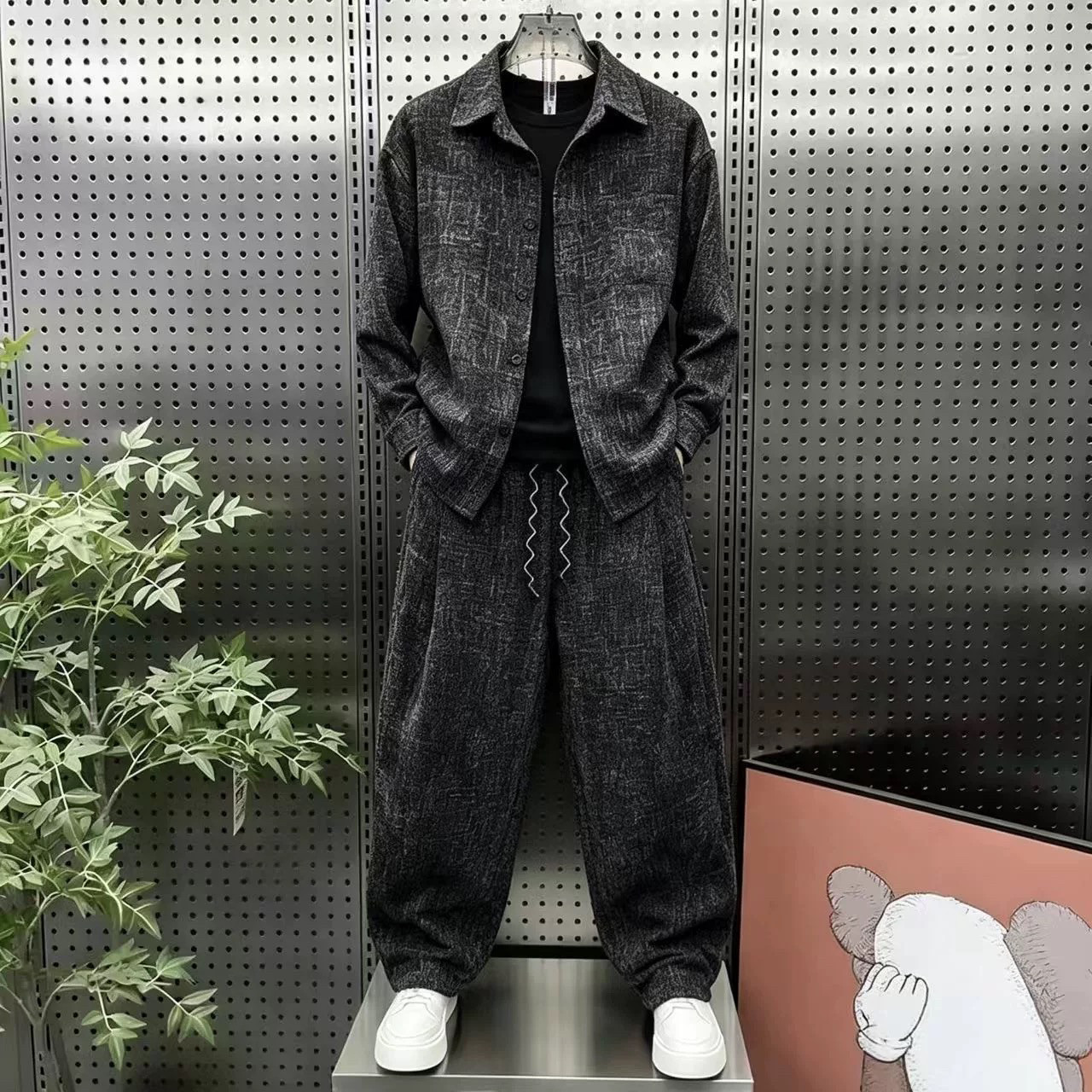 春秋季新款男士休闲套装翻领格纹衬衫长裤两件套舒适一整套帅气