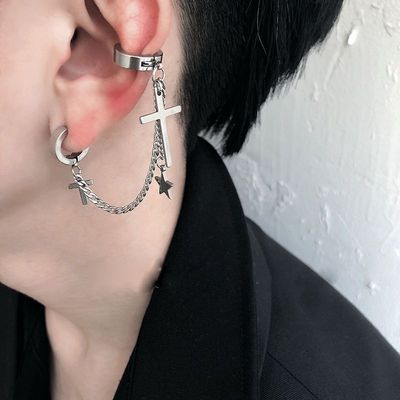 星链计划~潮男十字架耳环耳夹无耳洞女酷暗黑港风一体