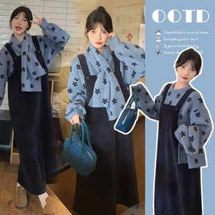 加絨背帶裙圍脖毛衣兩件套女秋冬2024加絨加厚韓版 保暖套裝 時尚