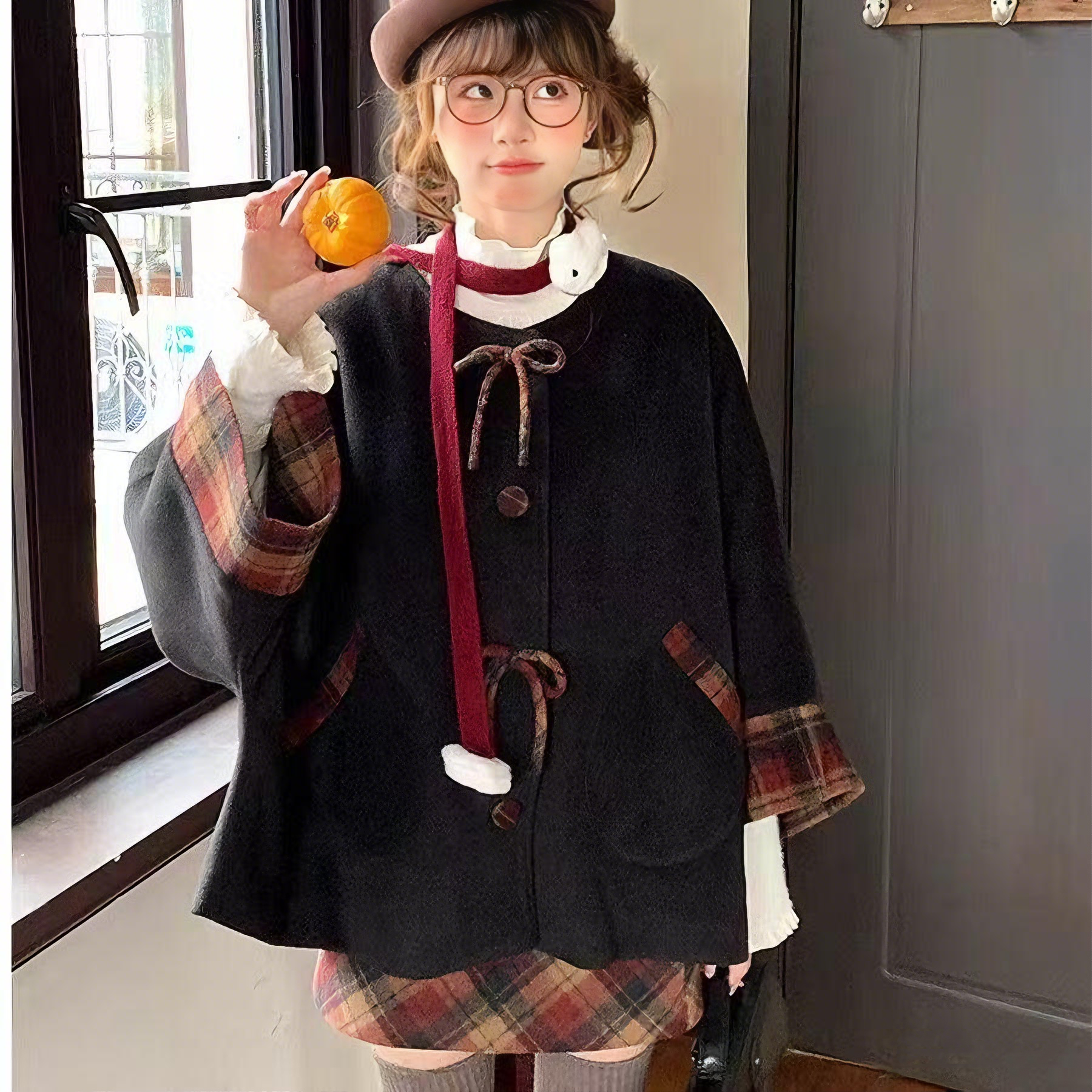 加厚JK服毛衣大衣+格子半身裙