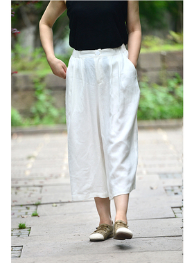 日系裤子慵懒风女亚麻白色休闲裤夏天大码宽松7分阔腿裤新款麻料