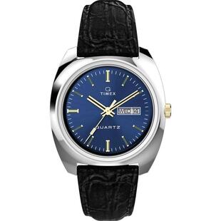 天美时中性复古腕表蓝盘黑皮带防泼水表盘 Timex