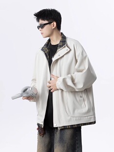 日系cityboy假两件夹克外套男秋季新款宽松休闲格子拼接运动上衣