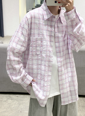 日系cityboy时尚格子长袖衬衫春秋新款男生宽松休闲少年感衬衣