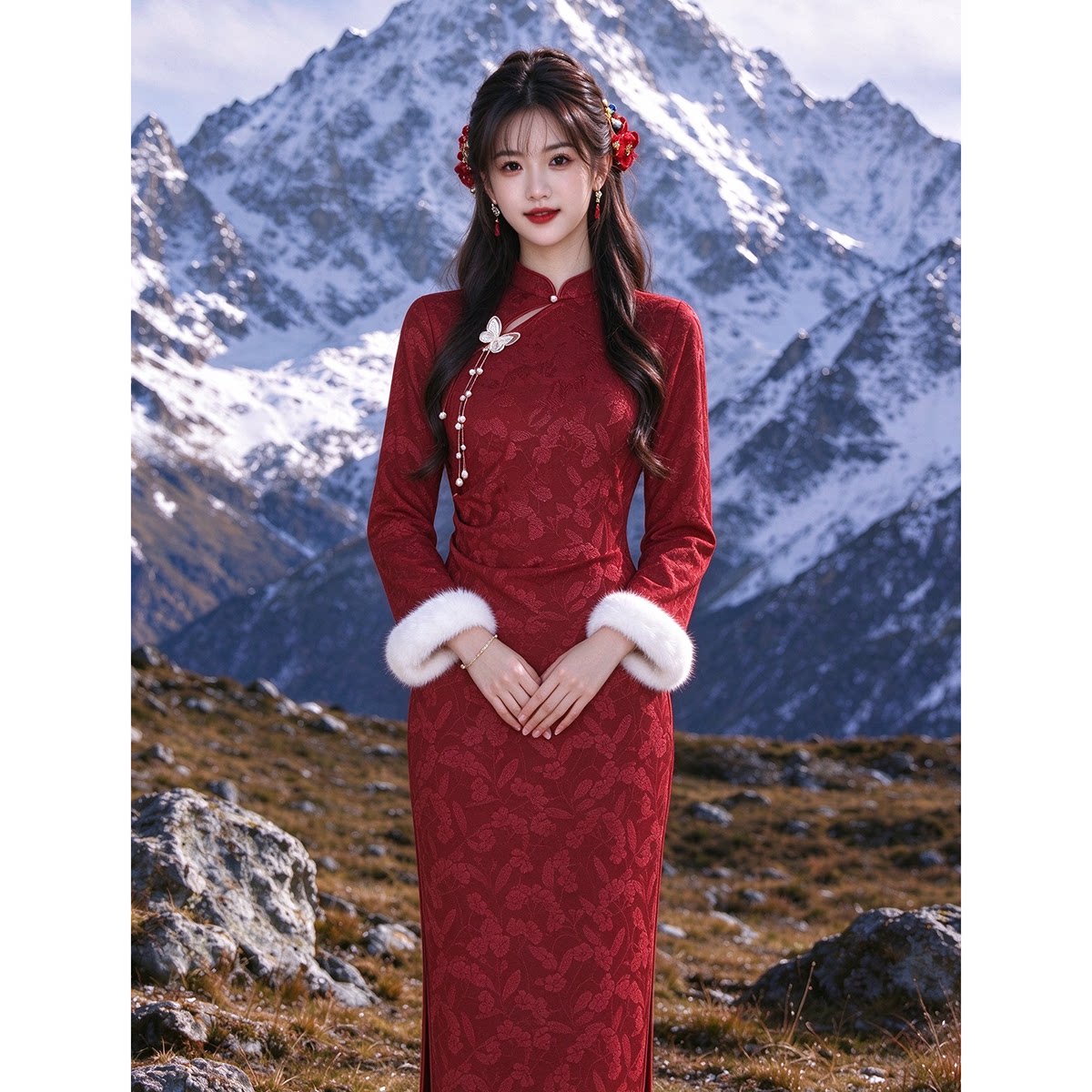 红色旗袍敬酒服新娘秋冬季长袖订婚礼服女新中式加绒日常可穿冬装