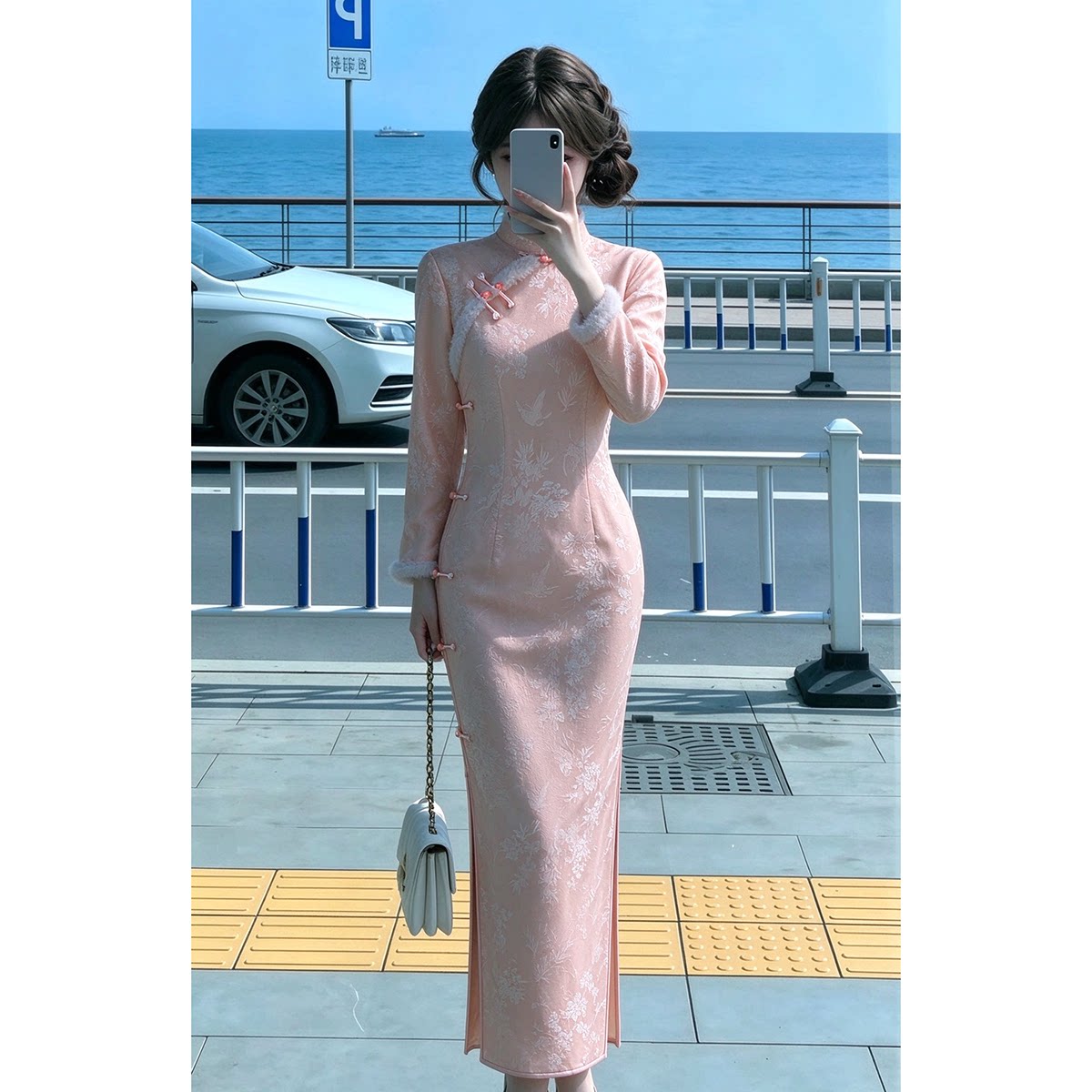 粉色旗袍2026新款女秋冬季长袖新中式改良连衣裙日常可穿加绒加厚