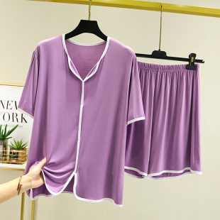 可外穿V领显瘦家居服两件套 莫代尔睡衣女夏大码 宽松薄款 短袖 套装