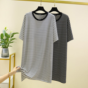 中长款 莫代尔条纹连衣裙女夏季 a字裙短袖 薄款 睡裙可外穿 宽松大码