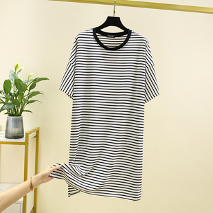 莫代尔a字裙中长款 夏季 薄款 条纹连衣裙女宽松大码 睡裙可外穿 短袖