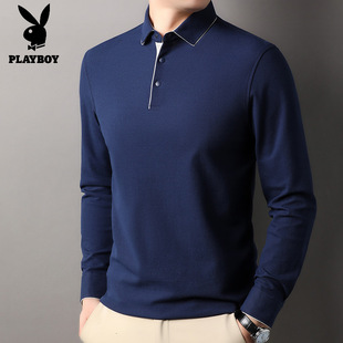 花花公子100%纯棉长袖t恤男士商务带领中年袖口带纽扣打底衫上衣