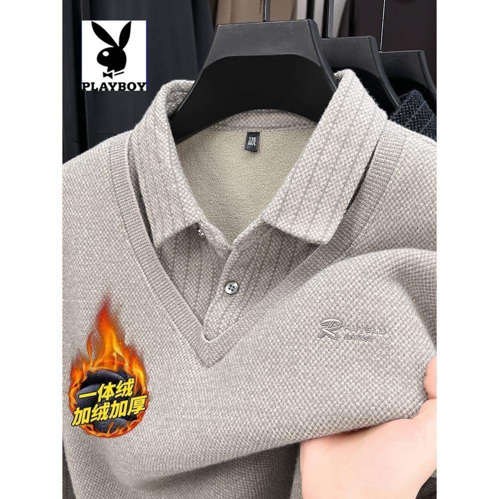 花花公子2025内衣假两件毛衣男翻领打底衫套头加绒加厚保暖男卫衣,男装,卫衣,淘宝优惠券,粉丝福利购,淘宝优惠卷