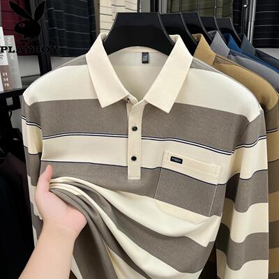 花花公子长袖T恤男纯棉翻领条纹爸爸秋装上衣宽松休闲薄款polo衫