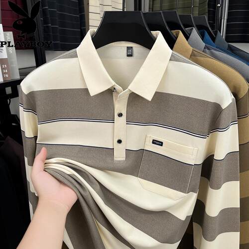花花公子长袖T恤男纯棉翻领条纹爸爸秋装上衣宽松休闲薄款polo衫