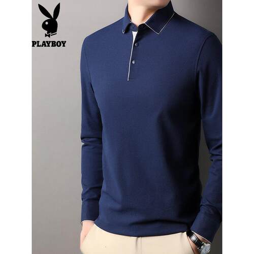 花花公子含棉长袖t恤男士2026带领秋衣中年袖口带纽扣打底小汗衫