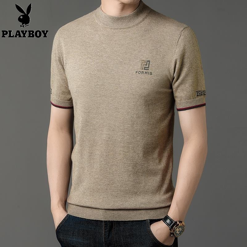 花花公子秋冬圆领短袖针织衫男士薄款套头半袖毛衣百搭纯色打底衫