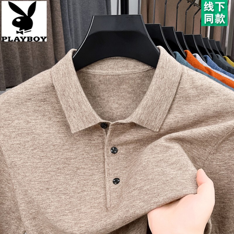 花花公子秋冬纯色短袖羊毛衫男中年衬衫领毛衣半袖内衣针织POLO衫