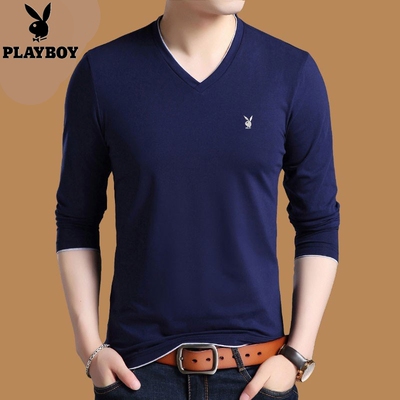 花花公子春秋季薄款男士长袖t恤v领纯棉秋衣上衣鸡心领内衣打底衫