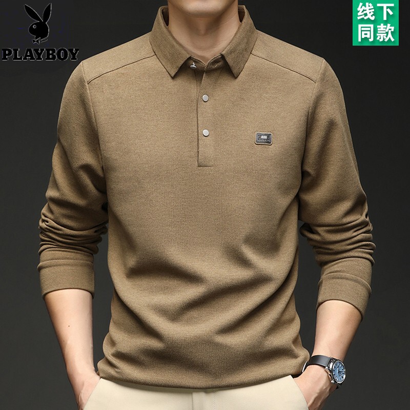 花花公子2025秋冬款长袖t恤衬衫领德绒打底卫衣中年商务POLO衫男