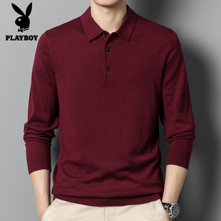 花花公子爸爸纯棉礼服男装长袖t恤喜公公婚宴衬衫领酒红薄款上衣