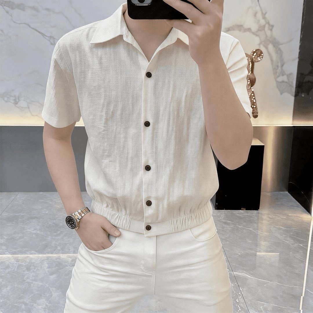 高档夏季新款透气老钱风翻领短袖衬衫男时尚潮流休闲百搭POLO衬衣