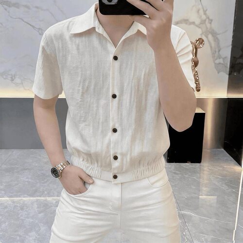 高档夏季新款透气老钱风翻领短袖衬衫男时尚潮流休闲百搭POLO衬衣